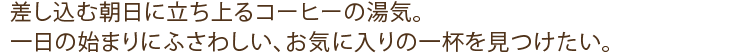 差し込む朝日に立ち上るコーヒーの湯気、一日の始まりにふさわしい、お気に入りの一杯を見つけたい